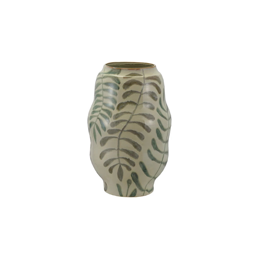 Hand-Painted Stoneware Organic Shaped Vase with Botanicals (Each One Will Vary)