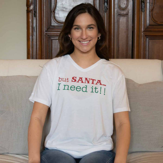 But Santa V-Neck T-Shirt   White/Red/Dark Green   -Asst.: Small