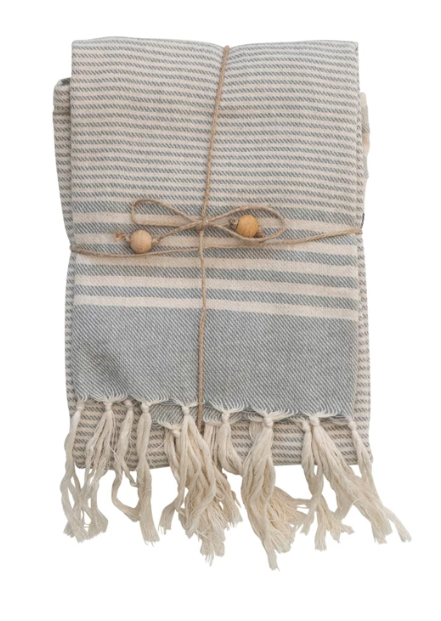 Woven Cotton Tea Towels w/ Stripes, Jute & Wood Bead Tie, 3 Styles, Set of 3