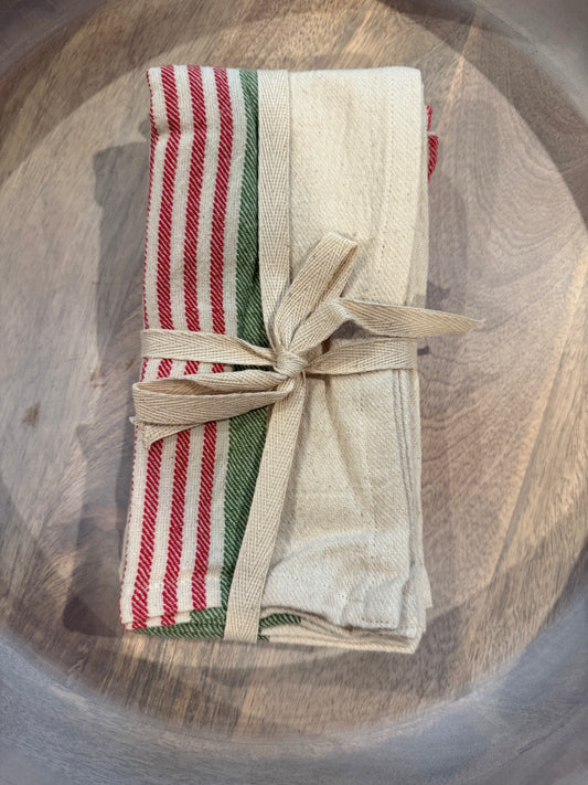 Square Woven Cotton Napkins with Stripes, Green and Red, Set of 4