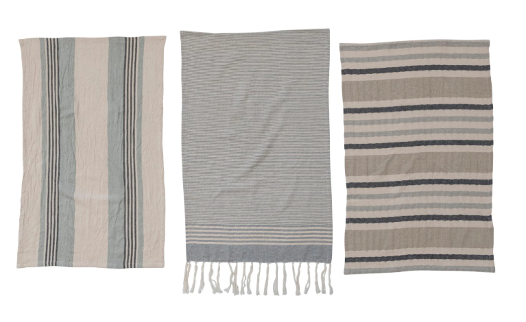 Woven Cotton Tea Towels w/ Stripes, Jute & Wood Bead Tie, 3 Styles, Set of 3
