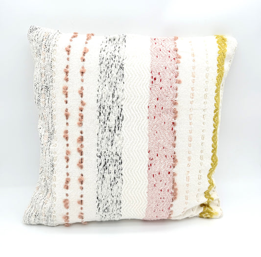 18" Square Woven Cotton Blend Pillow with Stripes and Embroidery