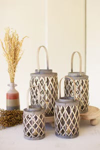 Grey Willow Cylinder Lanterns with Glass Inserts