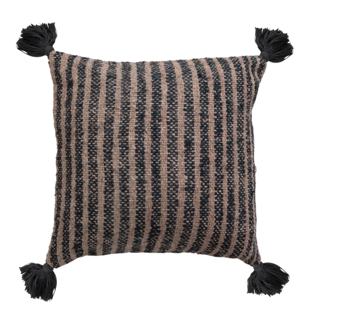 18" Woven Cotton Pillow w/ Stripes & Tassels