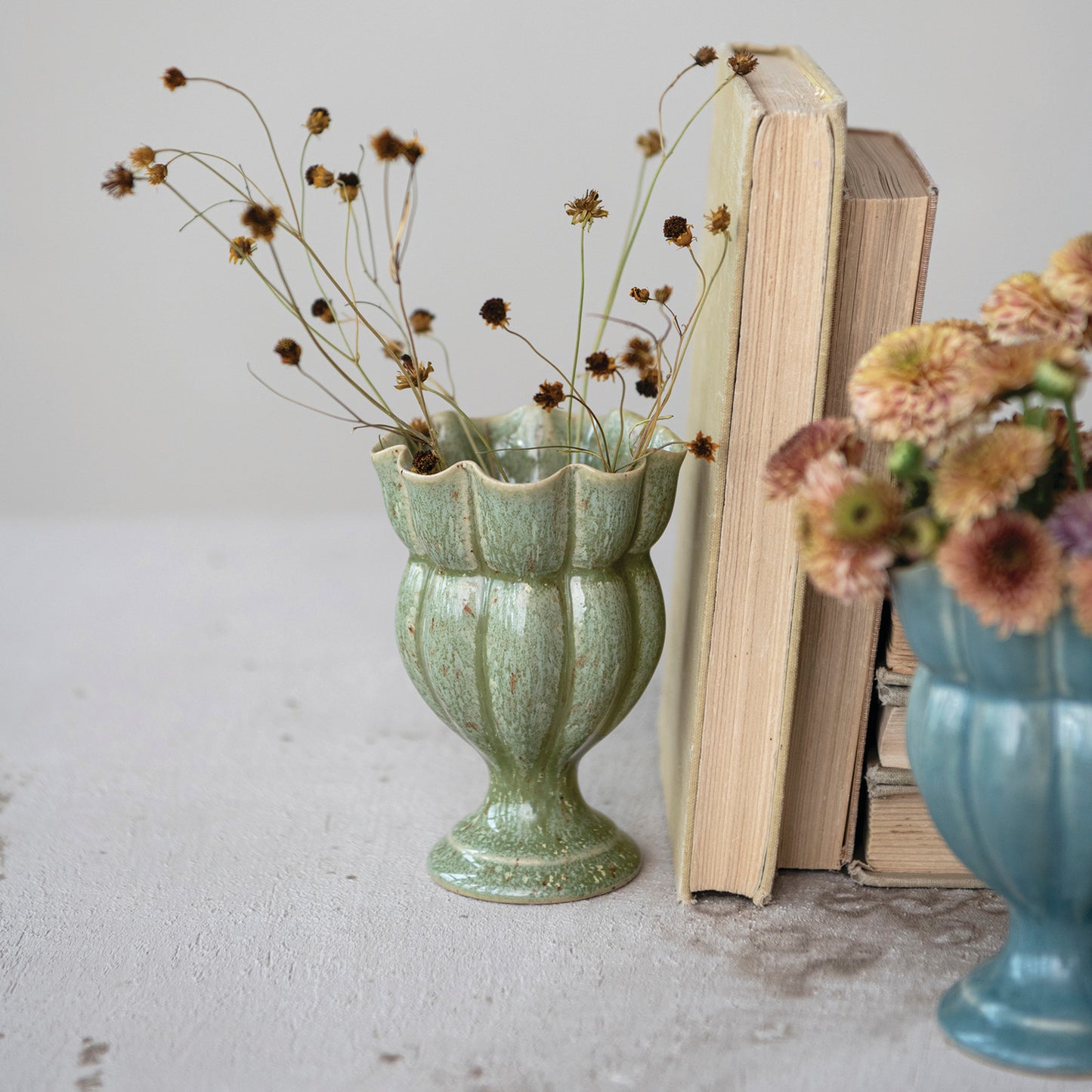 Stoneware Scalloped Footed Vase, 2 Colors (Each Will Vary)
