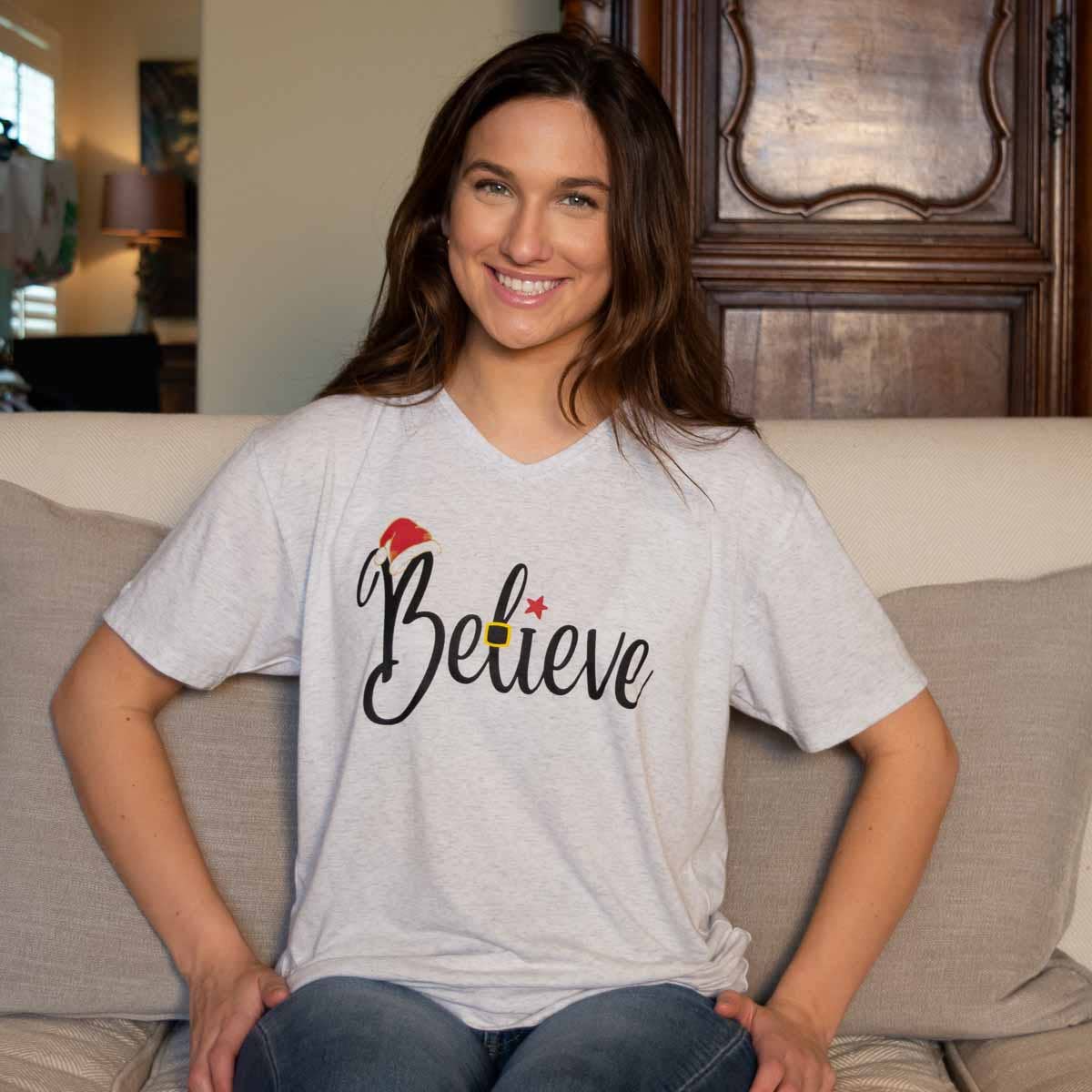 Believe Santa Belt V-Neck T-Shirt   Heathered White/Black   -Asst.: Small
