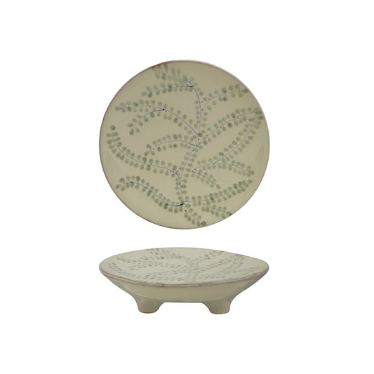 Hand-Painted Stoneware Footed Platter with Botanicals (Each One Will Vary)