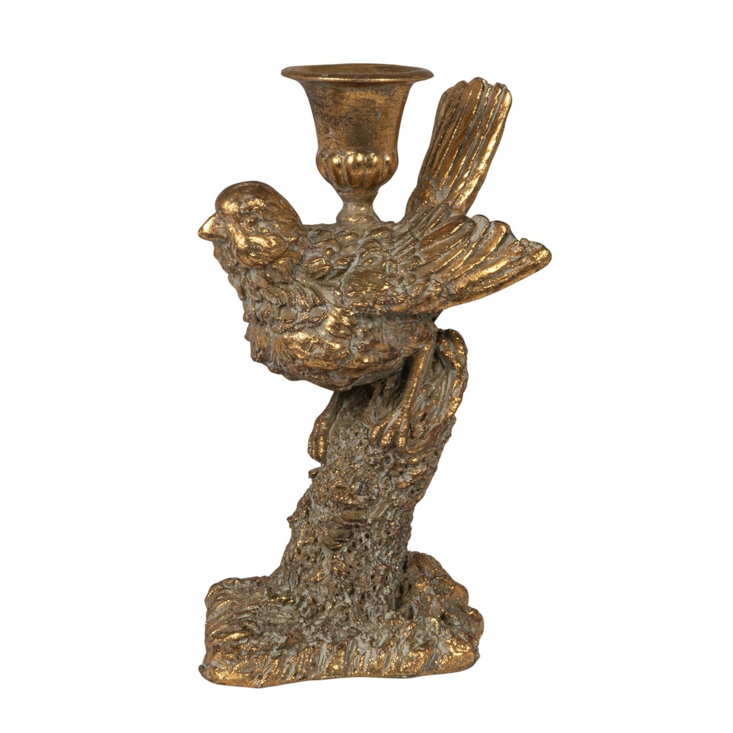 Resin Bird Shaped Taper Holder, Distressed Antique Gold Finish