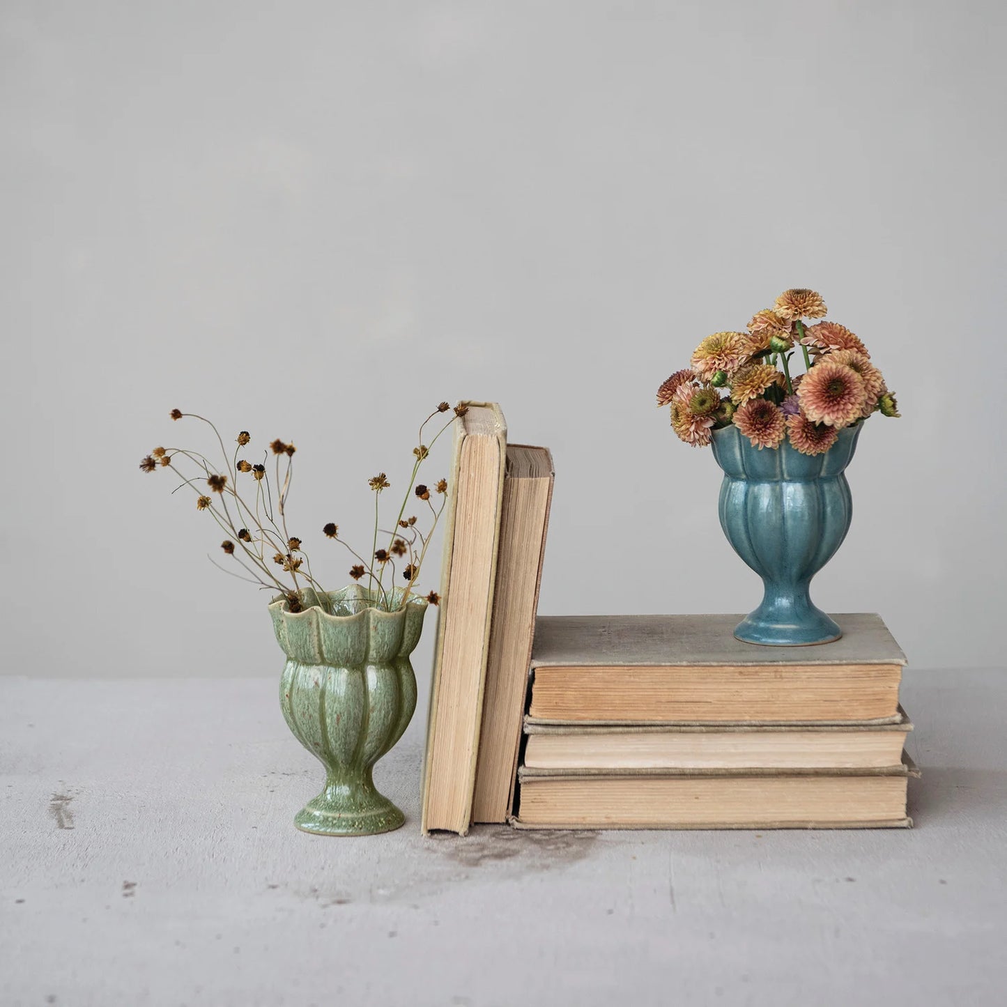 Stoneware Scalloped Footed Vase, 2 Colors (Each Will Vary)
