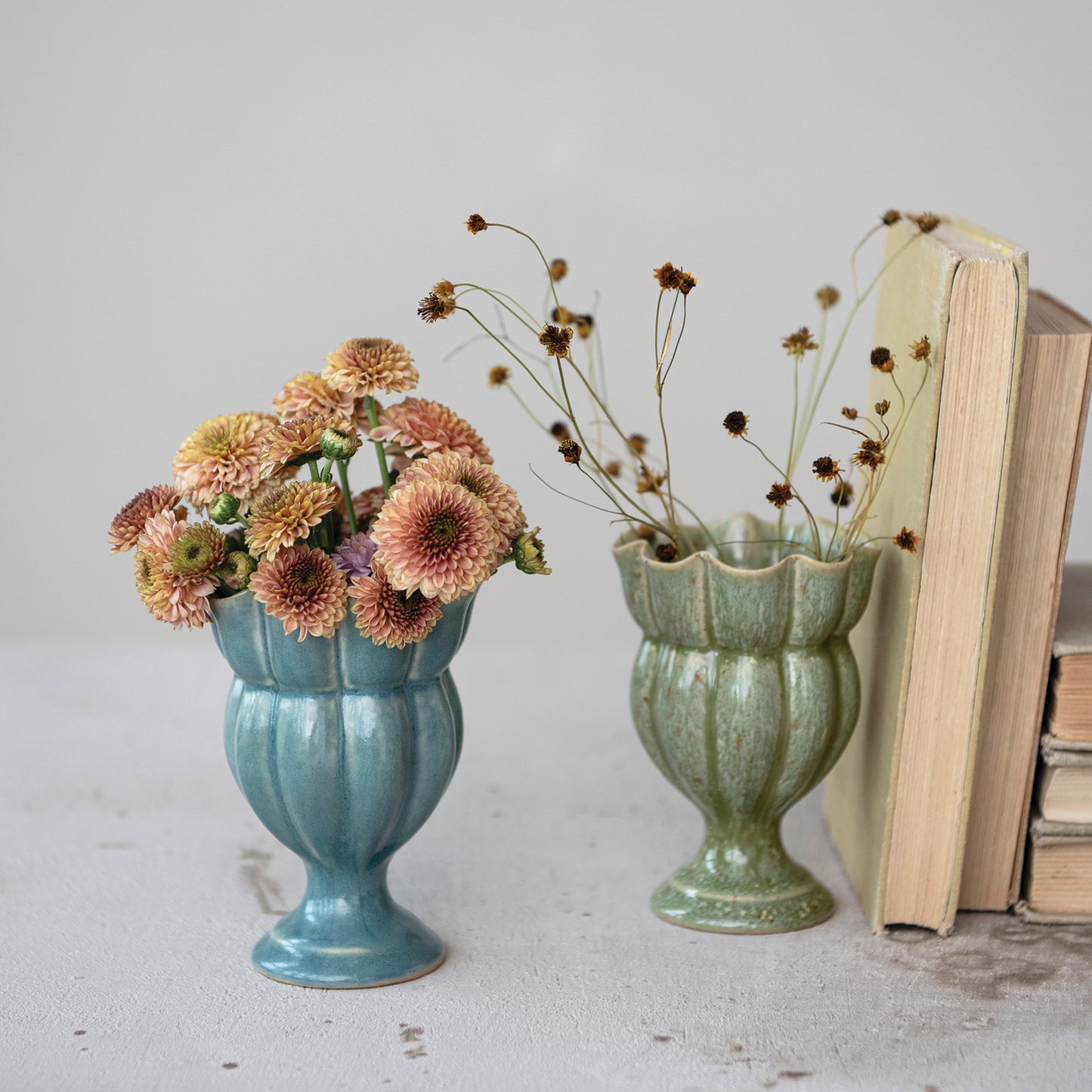 Stoneware Scalloped Footed Vase, 2 Colors (Each Will Vary)