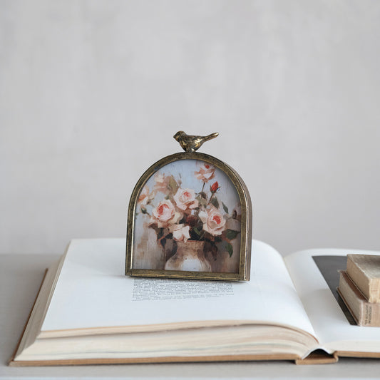 MDF & Metal Arched Photo Frame with Bird Finial, Antique Gold Finish (Holds 5" x 5" Photo)