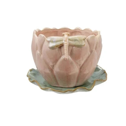 Stoneware Flower Shaped Planter & Saucer (Holds 4" Pot) (Each One Will Vary)