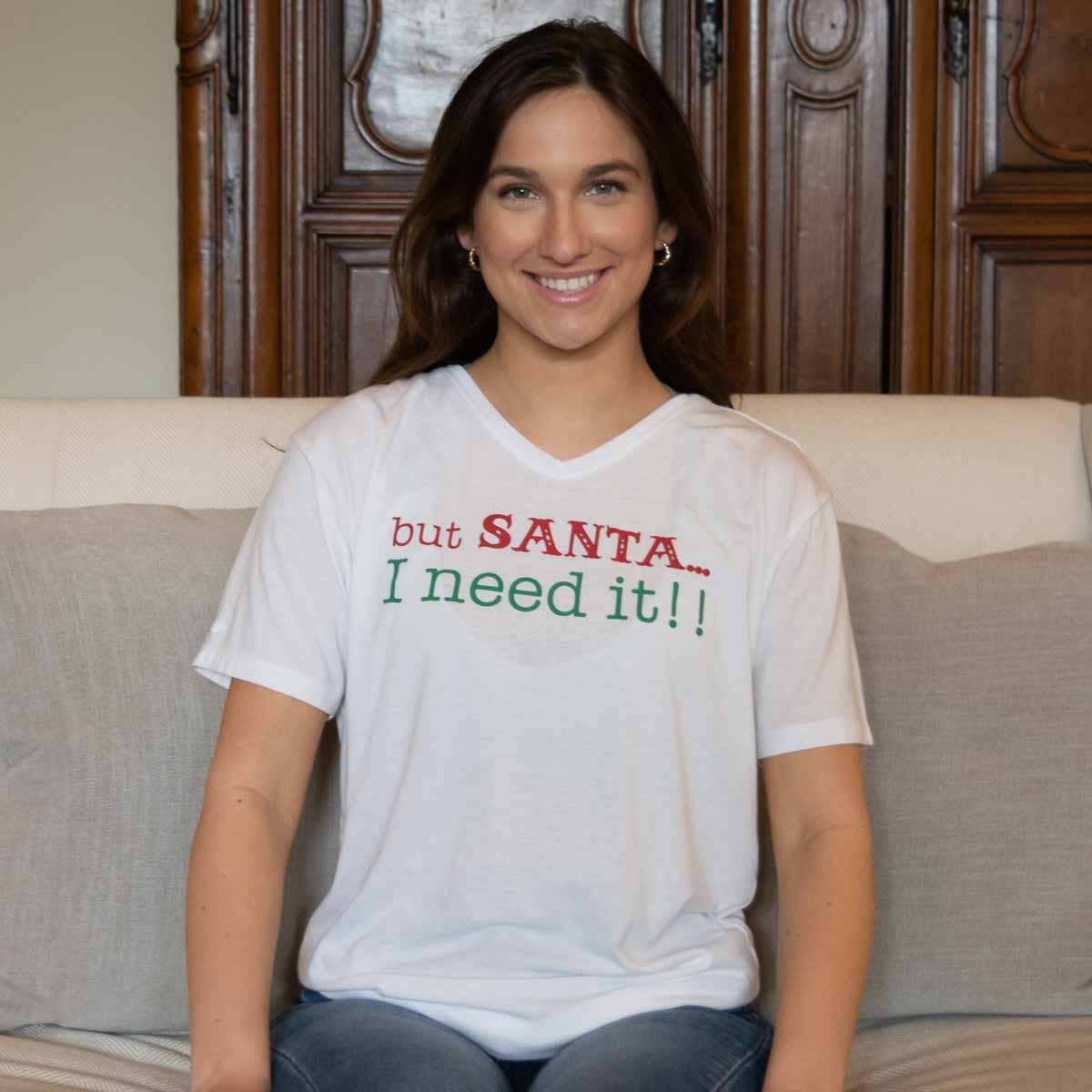 But Santa V-Neck T-Shirt   White/Red/Dark Green   -Asst.: Large