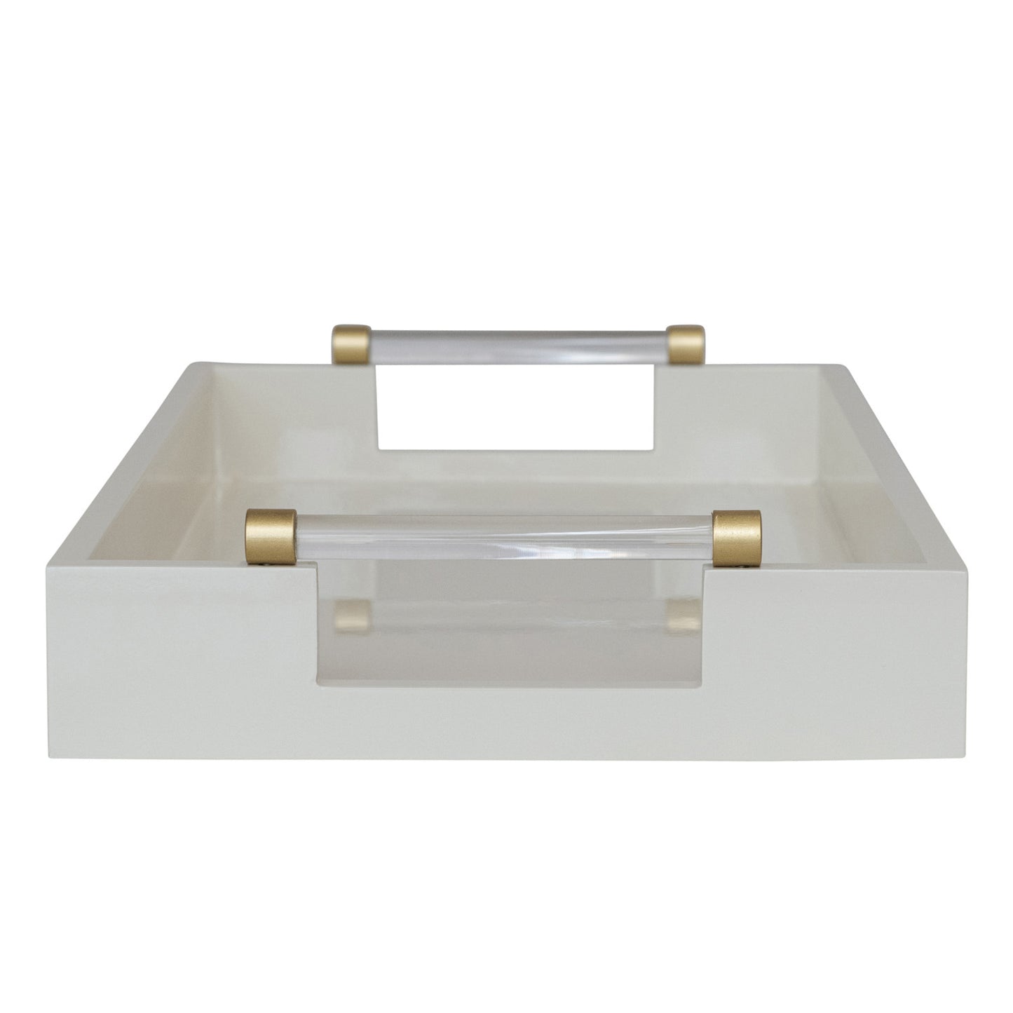 MDF Lacquered Tray w/ Acrylic & Metal Handles, Gold Finish & Cream Color