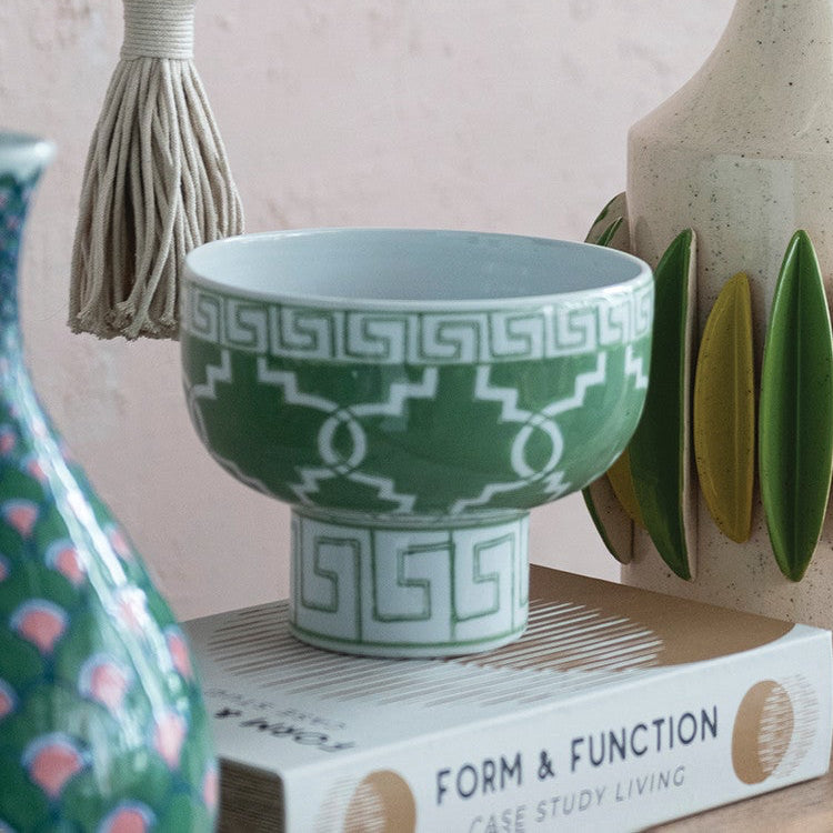 Hand-Painted Stoneware Footed Bowl with Geometric Pattern (Each One Will Vary)