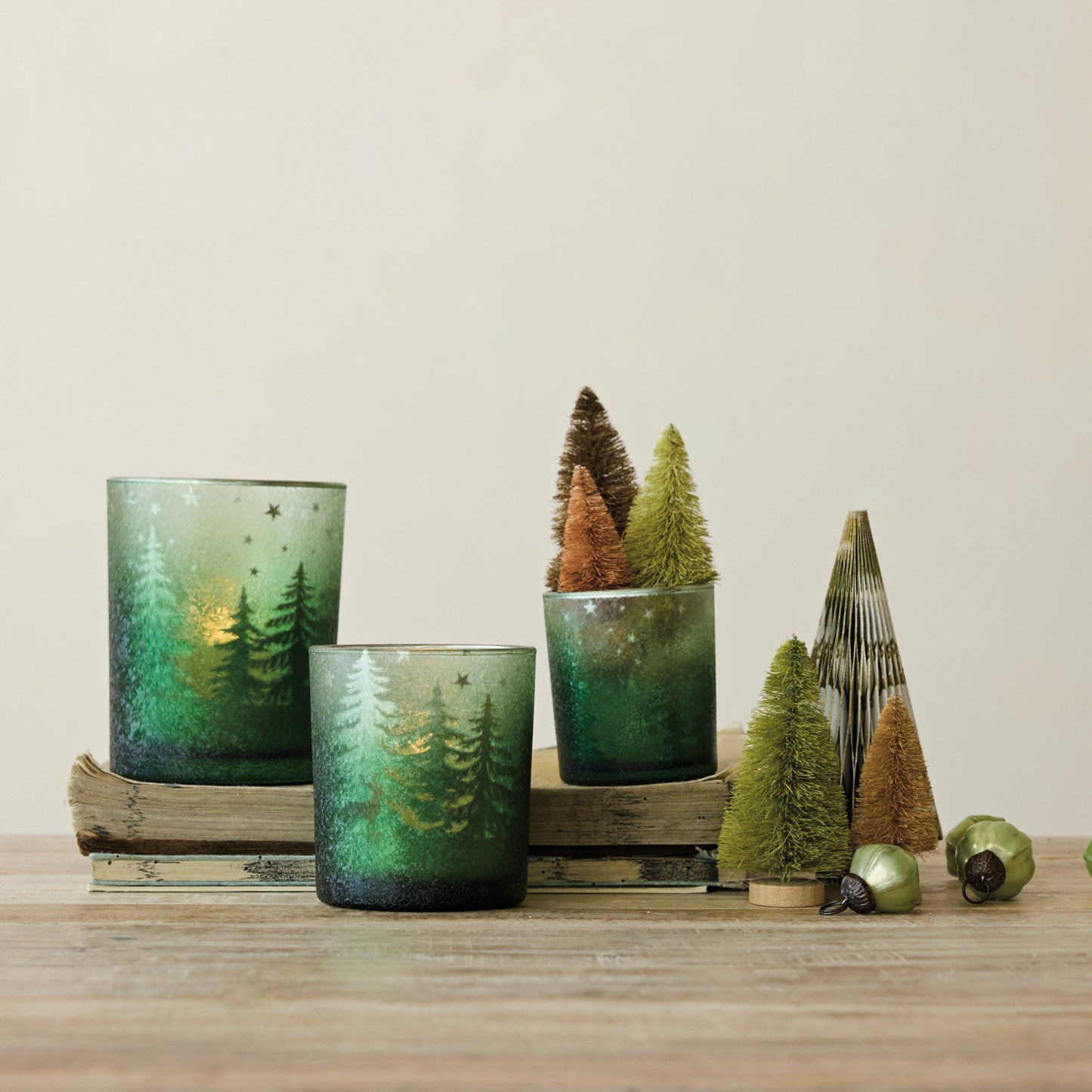 Mercury Glass Tealight/Votive Holder with Laser Etched Scene, Green