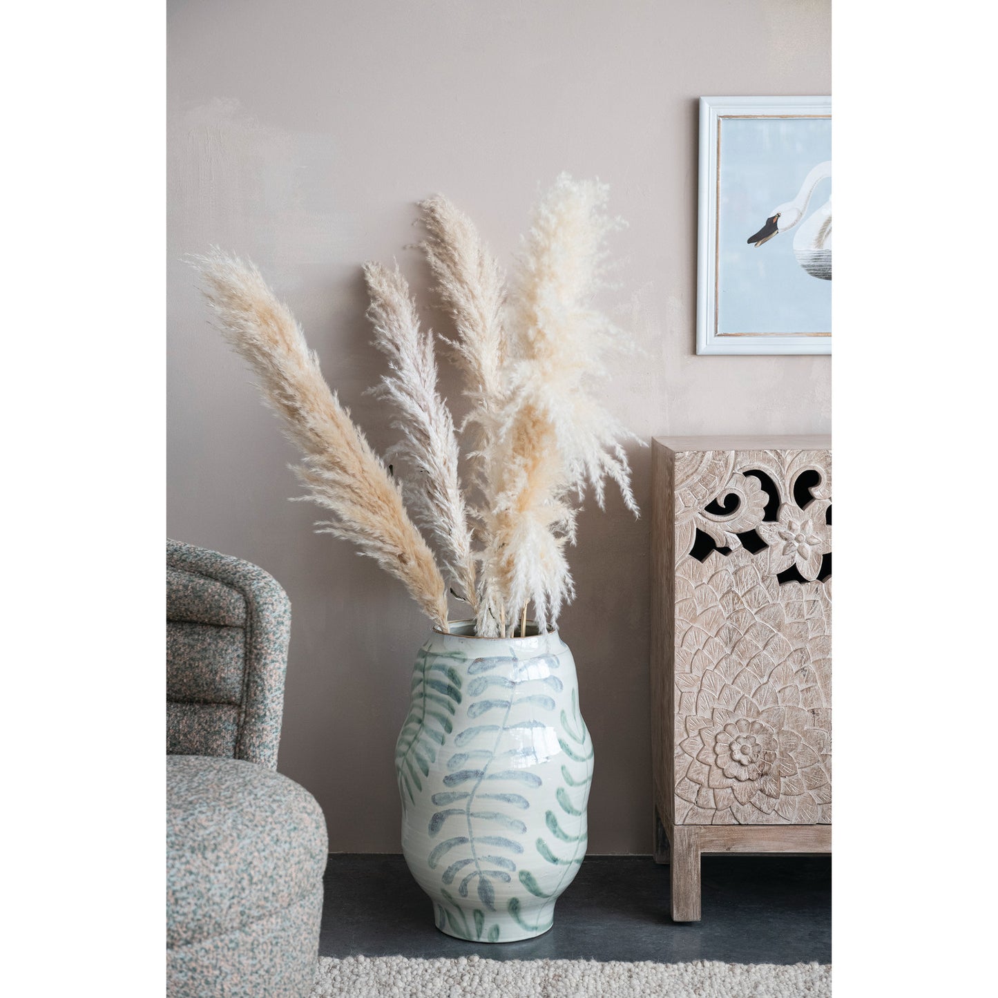 Hand-Painted Stoneware Organic Shaped Vase with Botanicals (Each One Will Vary)