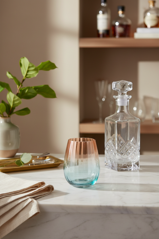 18 oz. Two-Tone Stemless Fluted Wine Glass, Blush Color & Blue
