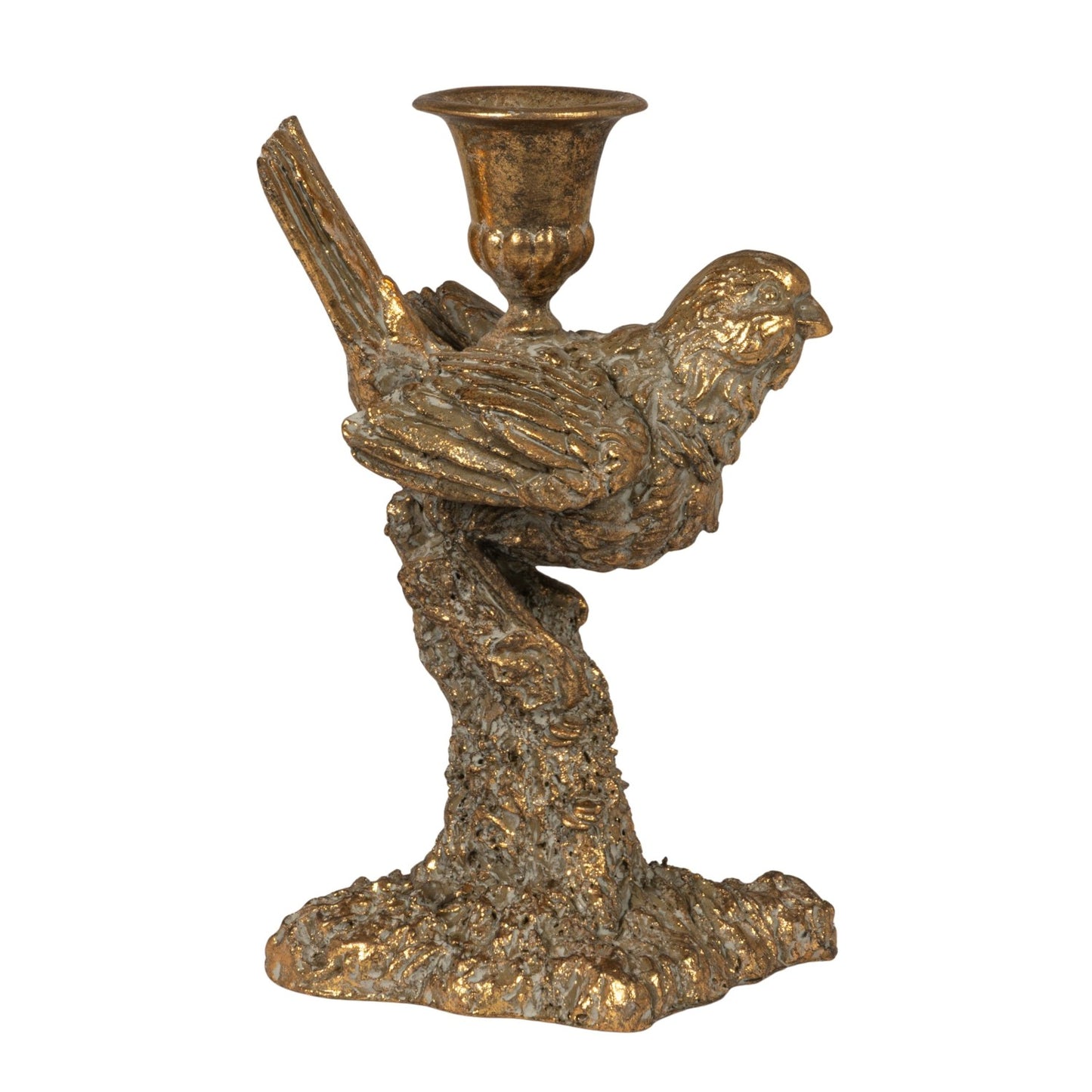 Resin Bird Shaped Taper Holder, Distressed Antique Gold Finish