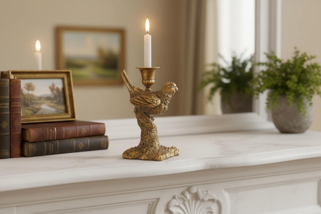 Resin Bird Shaped Taper Holder, Distressed Antique Gold Finish