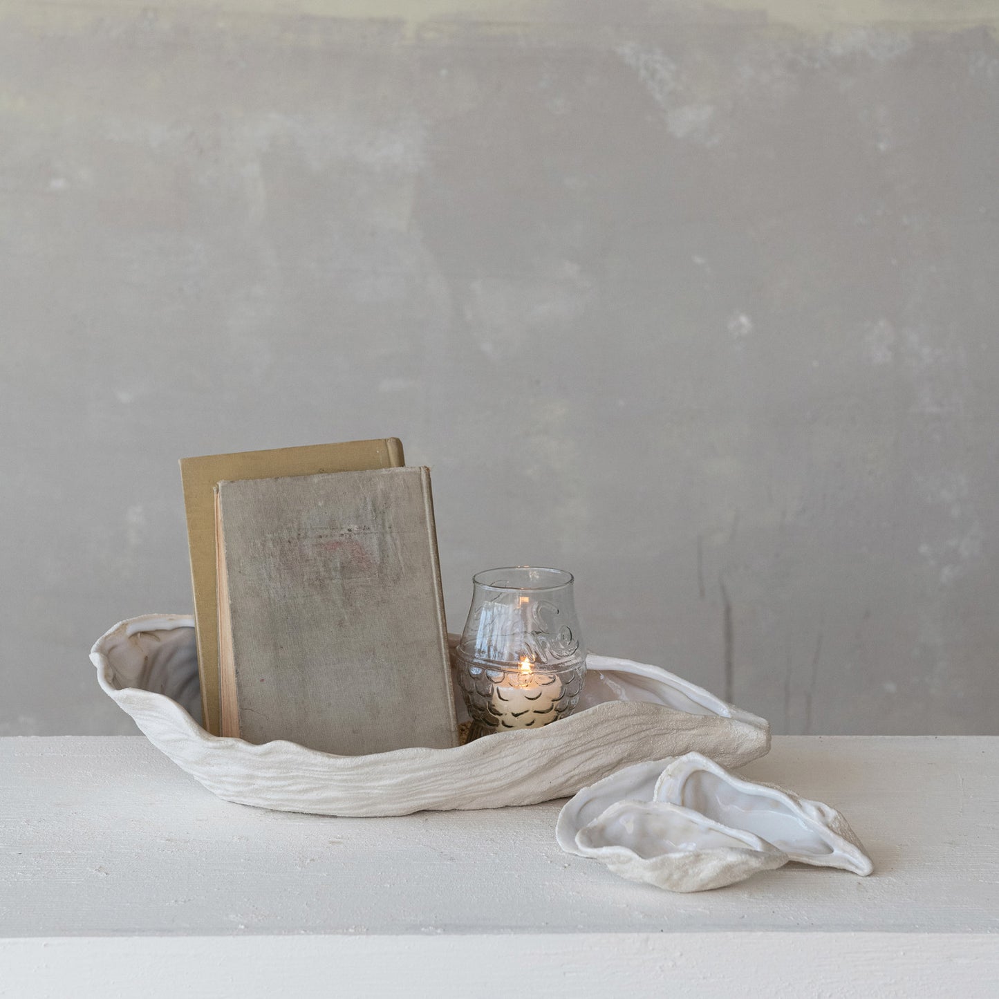 Stoneware Oyster Shell Shaped Bowl & Unglazed (Each Will Vary)