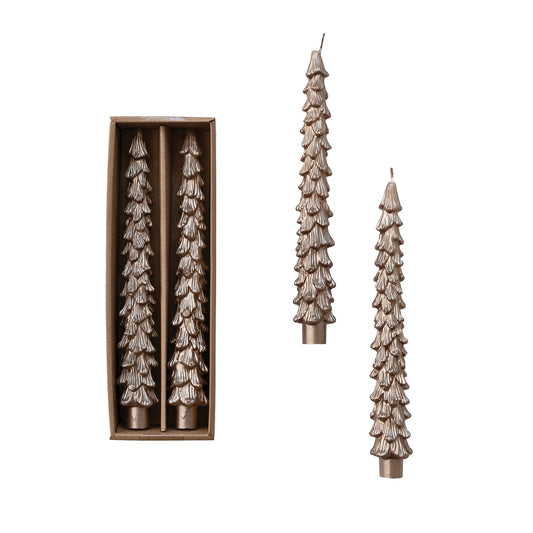 Unscented Tree Shaped Taper Candles in Box, Champagne Color, Set of 2