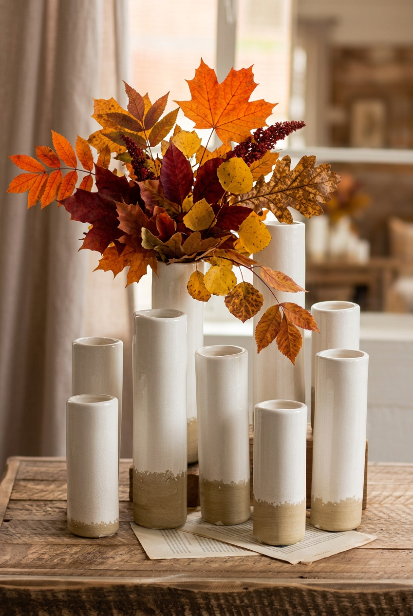 White Ceramic Cylinder Bud Vases, Set of 3