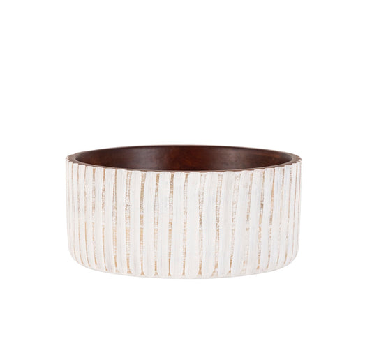 White & Walnut Medium Round Wooden Bowl Dia 7.8”