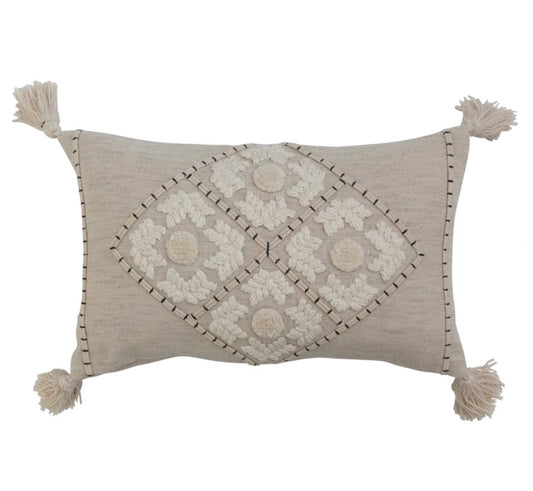 20" x 12" Cotton & Linen Blend Lumbar Pillow w/ Embroidery & Tassels