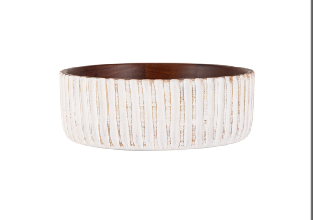 White & Walnut Large Round Wooden Bowl Dia 10”