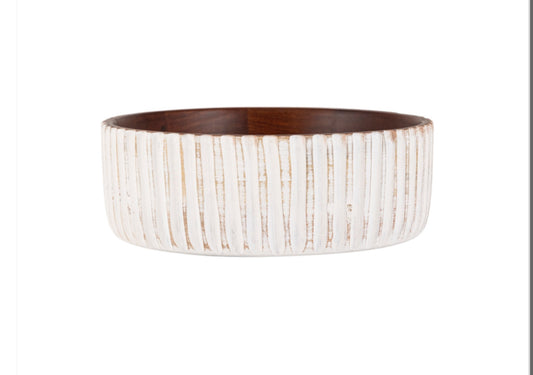White & Walnut Large Round Wooden Bowl Dia 10”