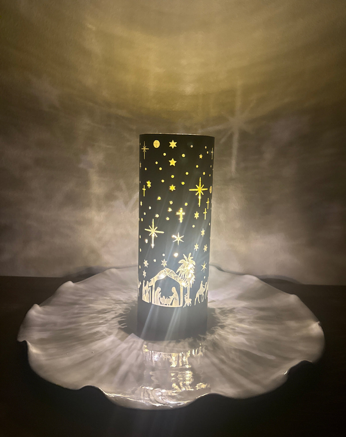 Glass LED Light with Laser Nativity Scene