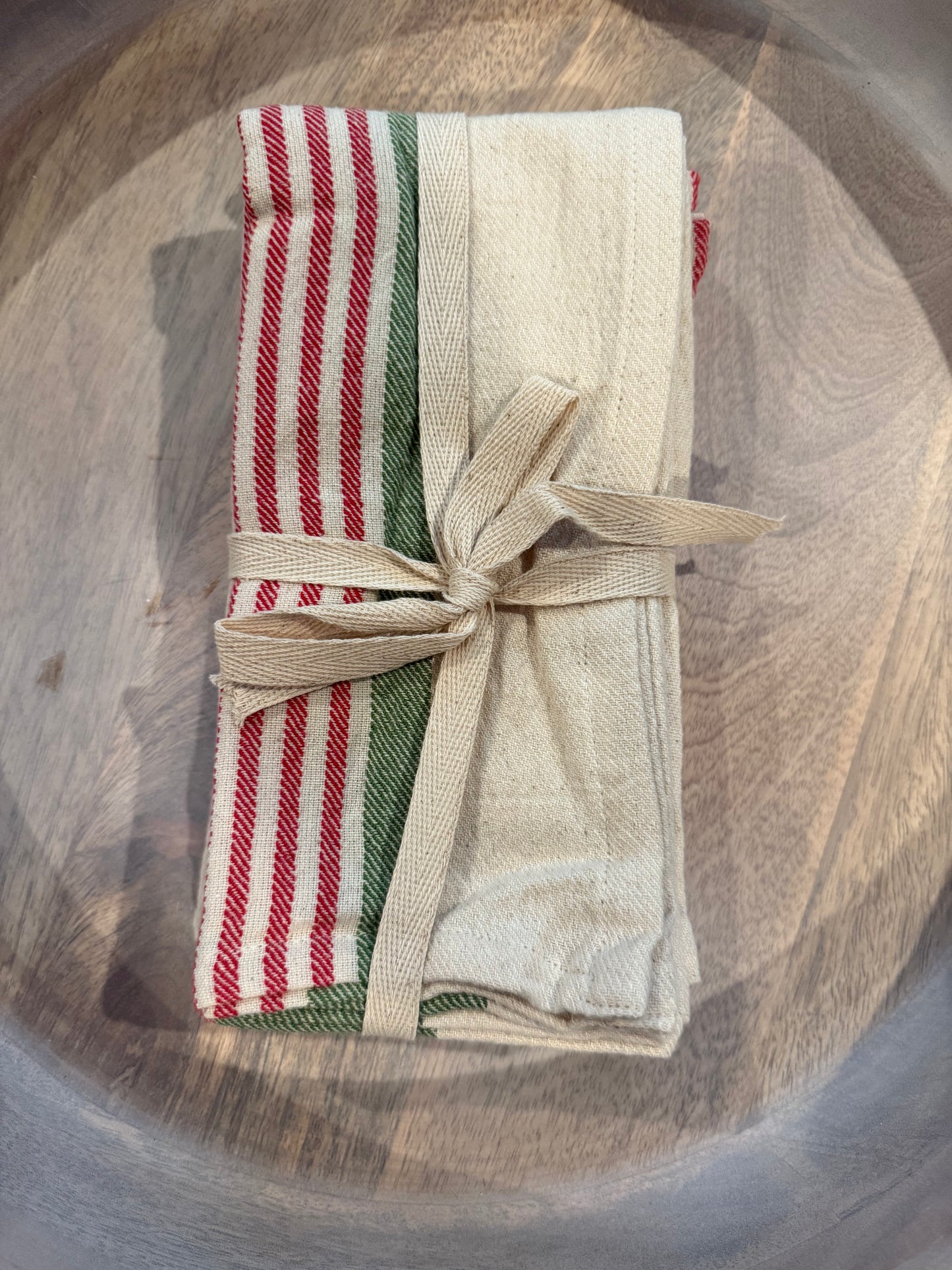 Square Woven Cotton Napkins with Stripes, Green and Red, Set of 4
