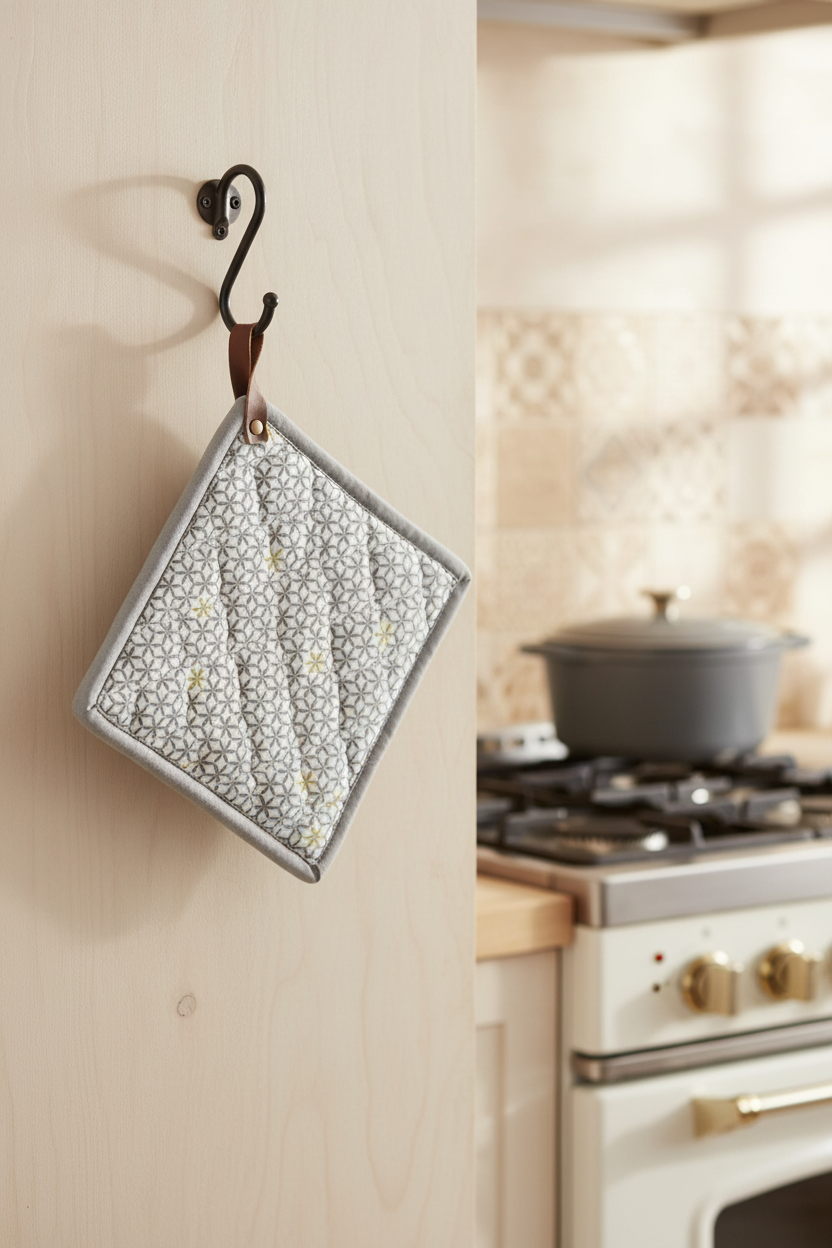 Square Cotton Pot Holder with Leather Loop