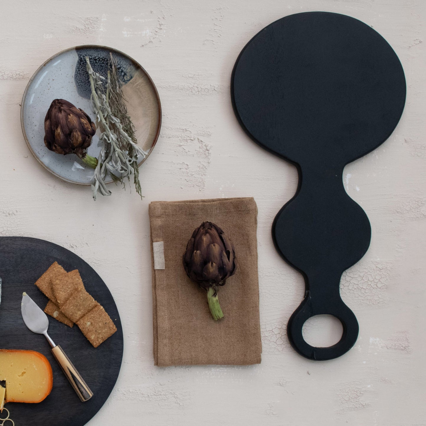 Mango Wood Abstract Shaped Cheese/Cutting Board w/ Handle, Black