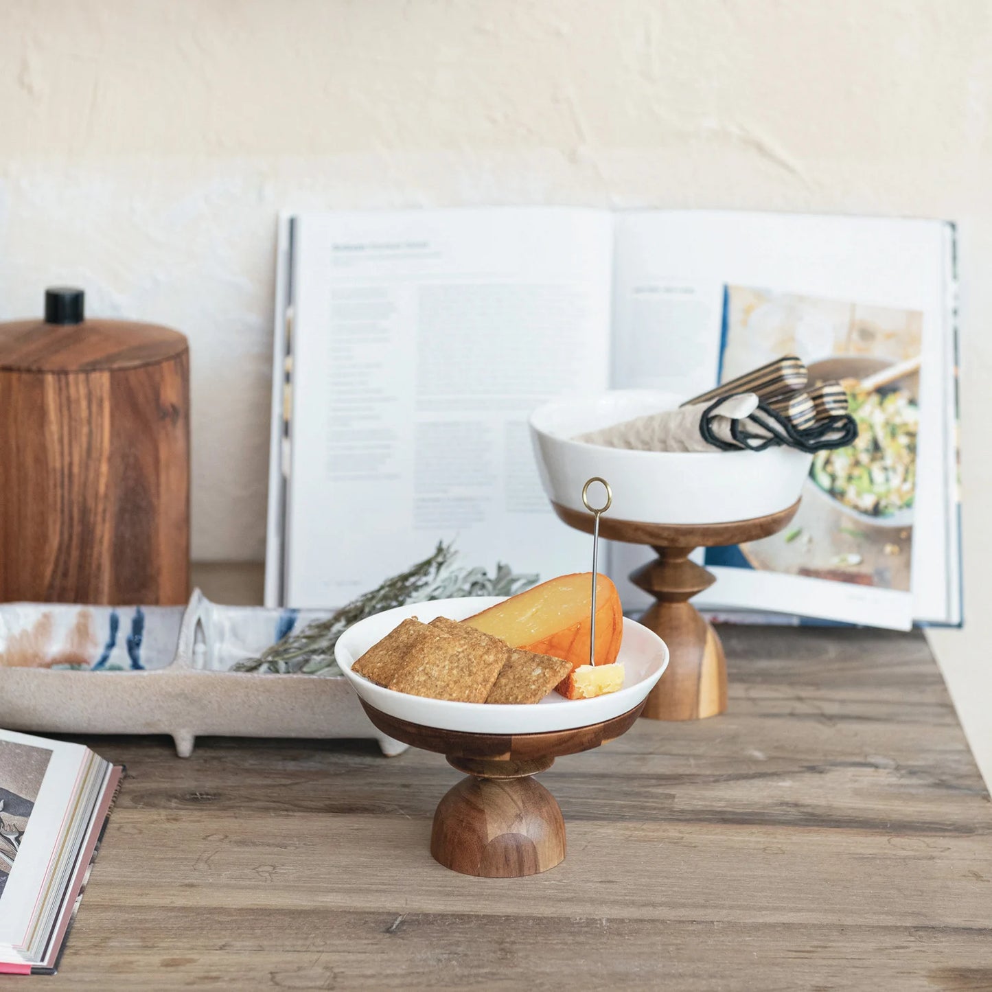 Stoneware Serving Dish w/ Acacia Wood Pedestal