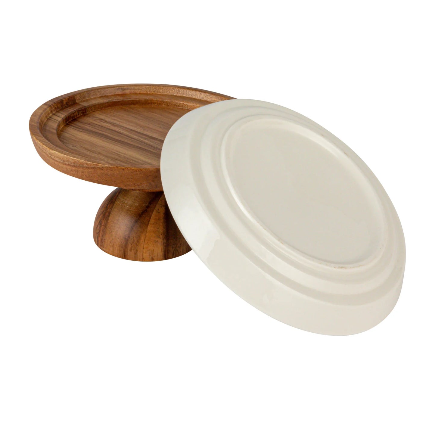Stoneware Serving Dish w/ Acacia Wood Pedestal