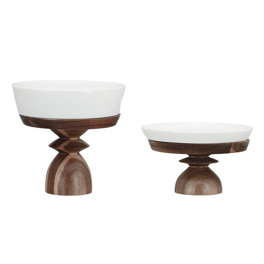 Stoneware Serving Dish w/ Acacia Wood Pedestal