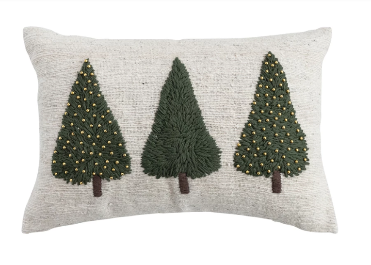 Hand-Woven & Wool Lumbar Pillow with Embroidered Trees & Beads