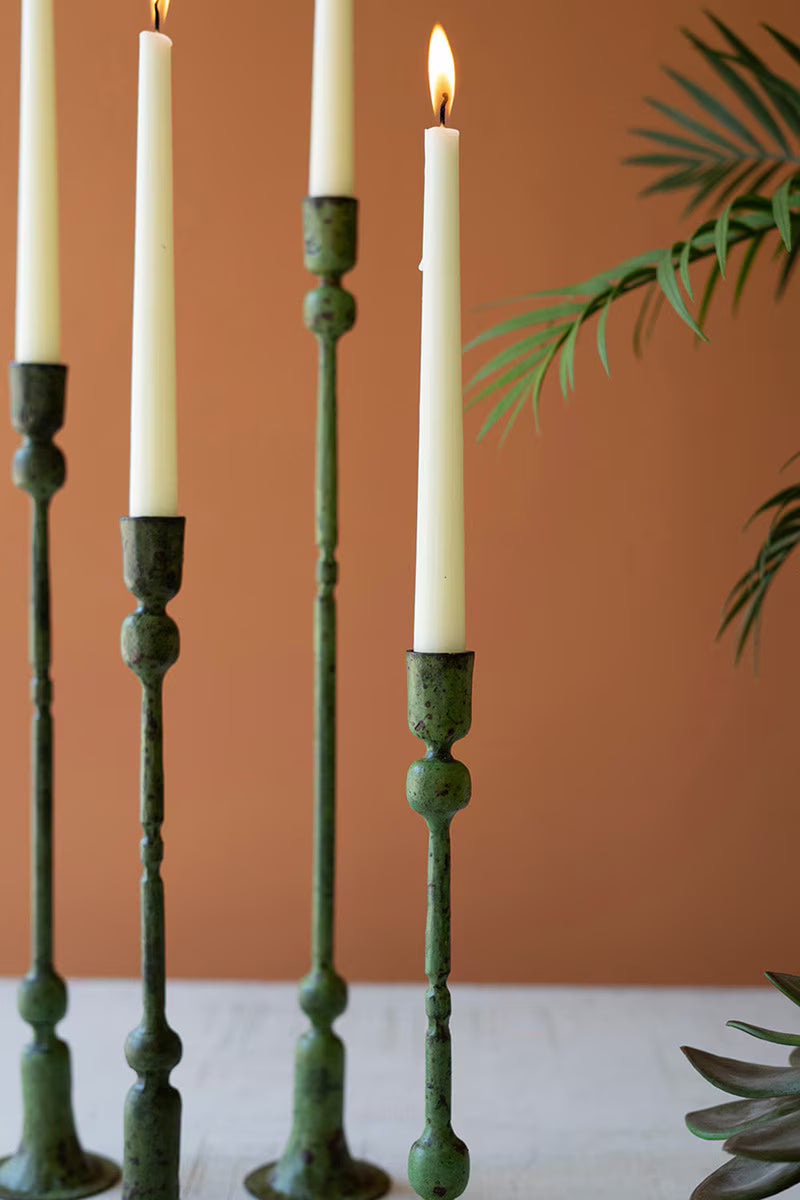 Set of 4 Forged-Iron Green Patina Taper Candle Holders