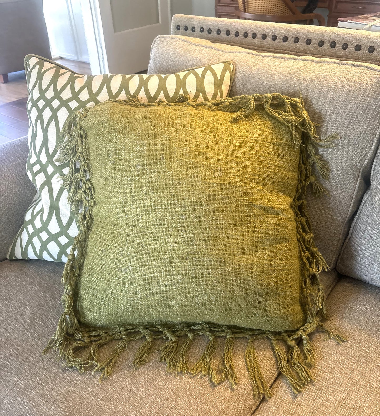 20" Cotton Pillow with Crochet and Fringe