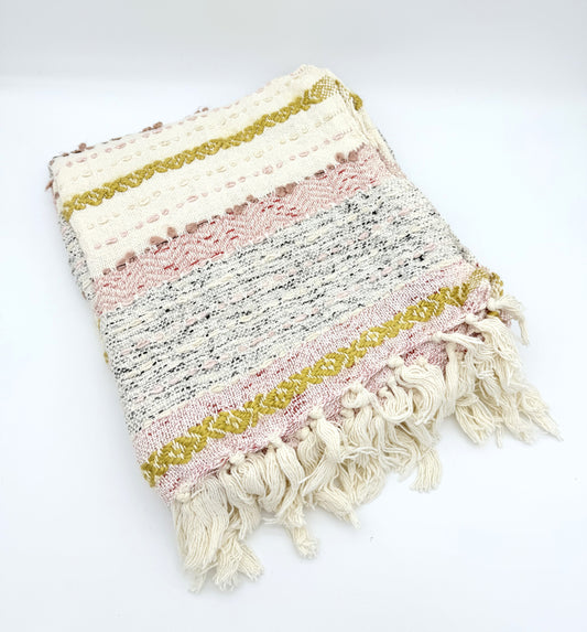 Woven Cotton Blend Throw with Stripes, Embroidery, and Fringe