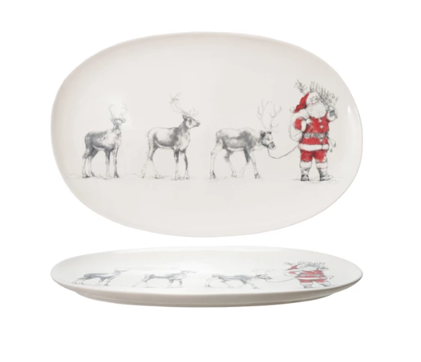 Oval Stoneware Serving Platter with Santa Leading Reindeer