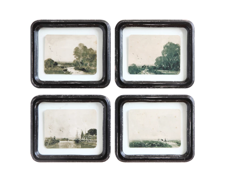 Set of 4 Wood Framed Glass with Floating Vintage Landscape