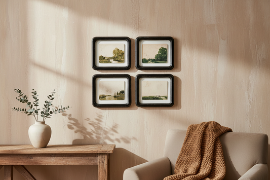 Set of 4 Wood Framed Glass with Floating Vintage Landscape
