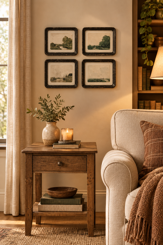 Set of 4 Wood Framed Glass with Floating Vintage Landscape