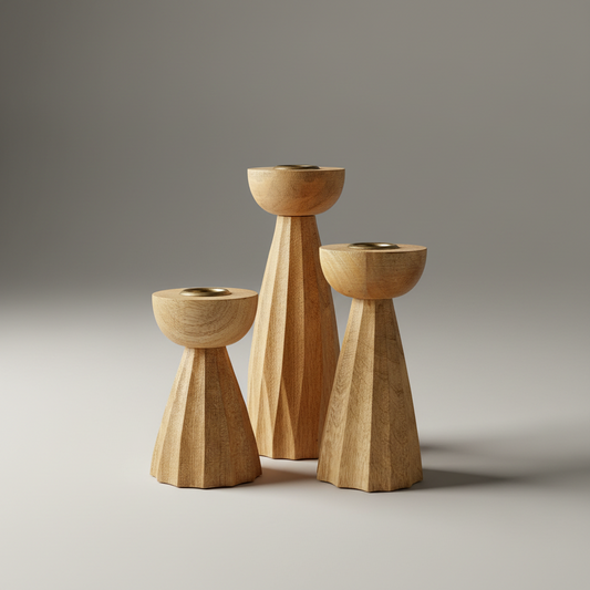 Carved Mango Wood Pleated Taper Holders, Set of 3